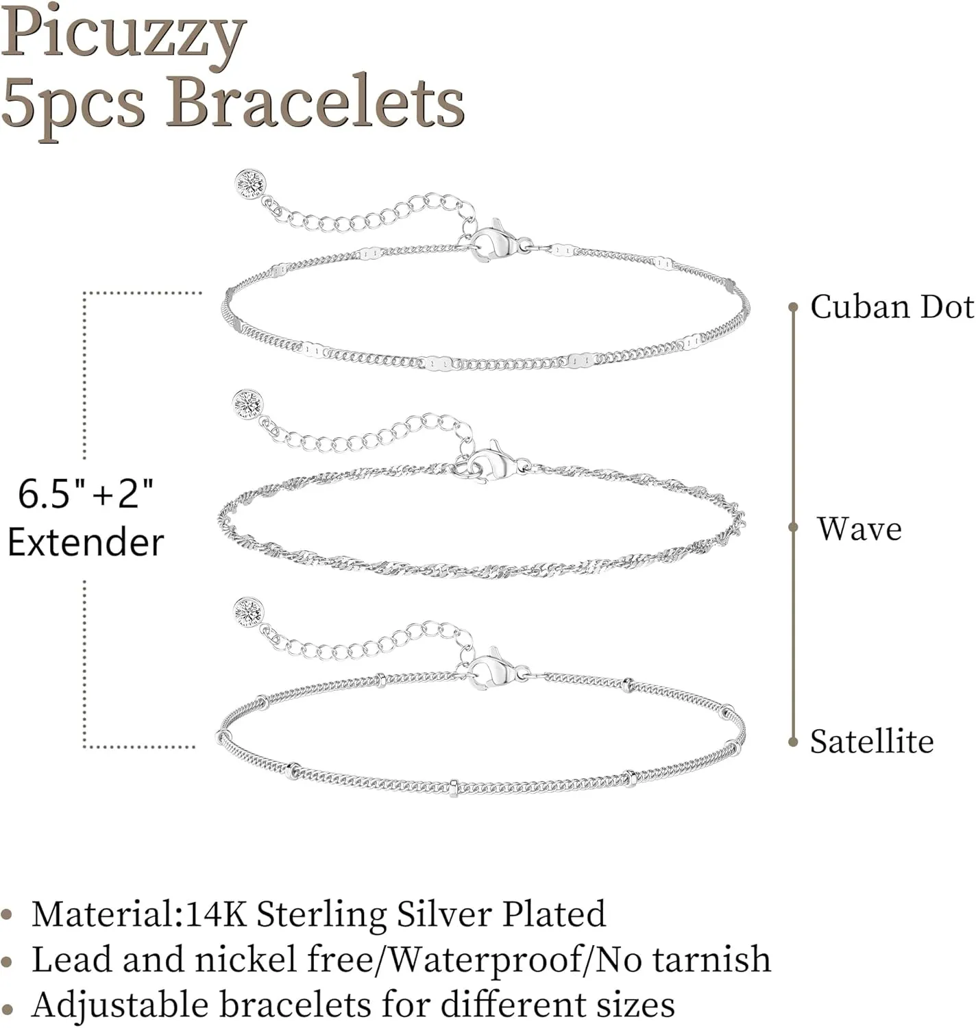 Silver Bracelets for Women, Dainty Stackable Silver Bracelets for Women Trendy Sparkling Waterproof Bracelet Set Gold Adjustable Bracelet Pack Jewelry Gifts for Women