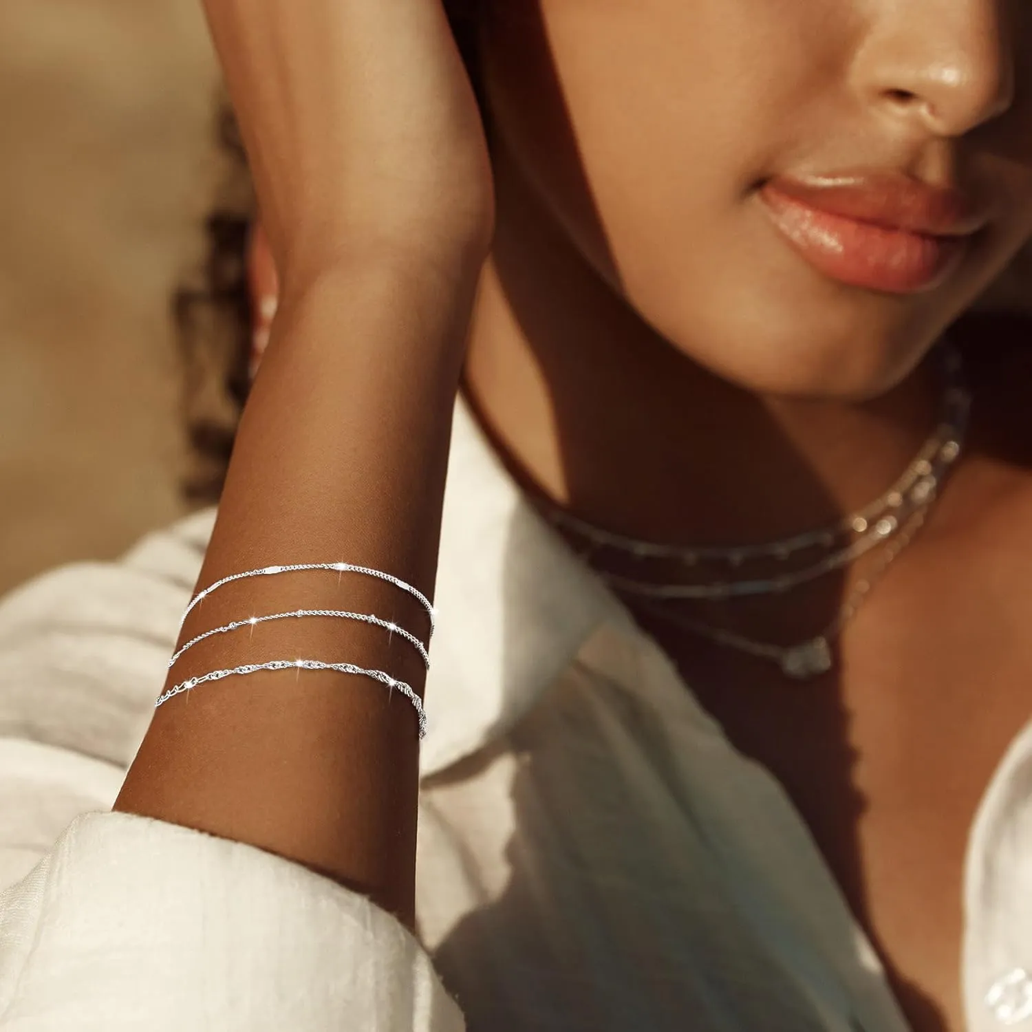 Silver Bracelets for Women, Dainty Stackable Silver Bracelets for Women Trendy Sparkling Waterproof Bracelet Set Gold Adjustable Bracelet Pack Jewelry Gifts for Women