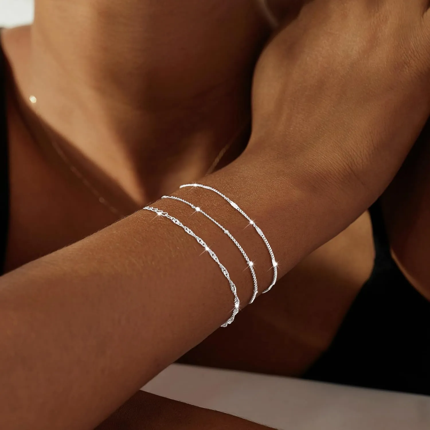 Silver Bracelets for Women, Dainty Stackable Silver Bracelets for Women Trendy Sparkling Waterproof Bracelet Set Gold Adjustable Bracelet Pack Jewelry Gifts for Women