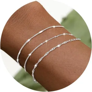 Silver Bracelets for Women, Dainty Stackable Silver Bracelets for Women Trendy Sparkling Waterproof Bracelet Set Gold Adjustable Bracelet Pack Jewelry Gifts for Women