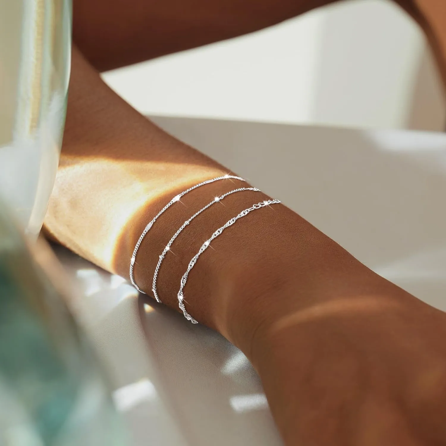 Silver Bracelets for Women, Dainty Stackable Silver Bracelets for Women Trendy Sparkling Waterproof Bracelet Set Gold Adjustable Bracelet Pack Jewelry Gifts for Women