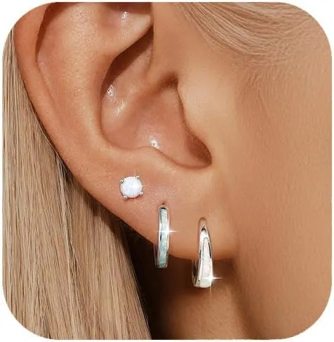 Silver Opal Earrings Set For Women,Sterling Silver Opal Earrings,14k Blue Opals Jewelry Stud Dainty Cartilage Earring,Earring Stack Cartilage Stackable,Birthday Mother's Day Gift For Mom Wife