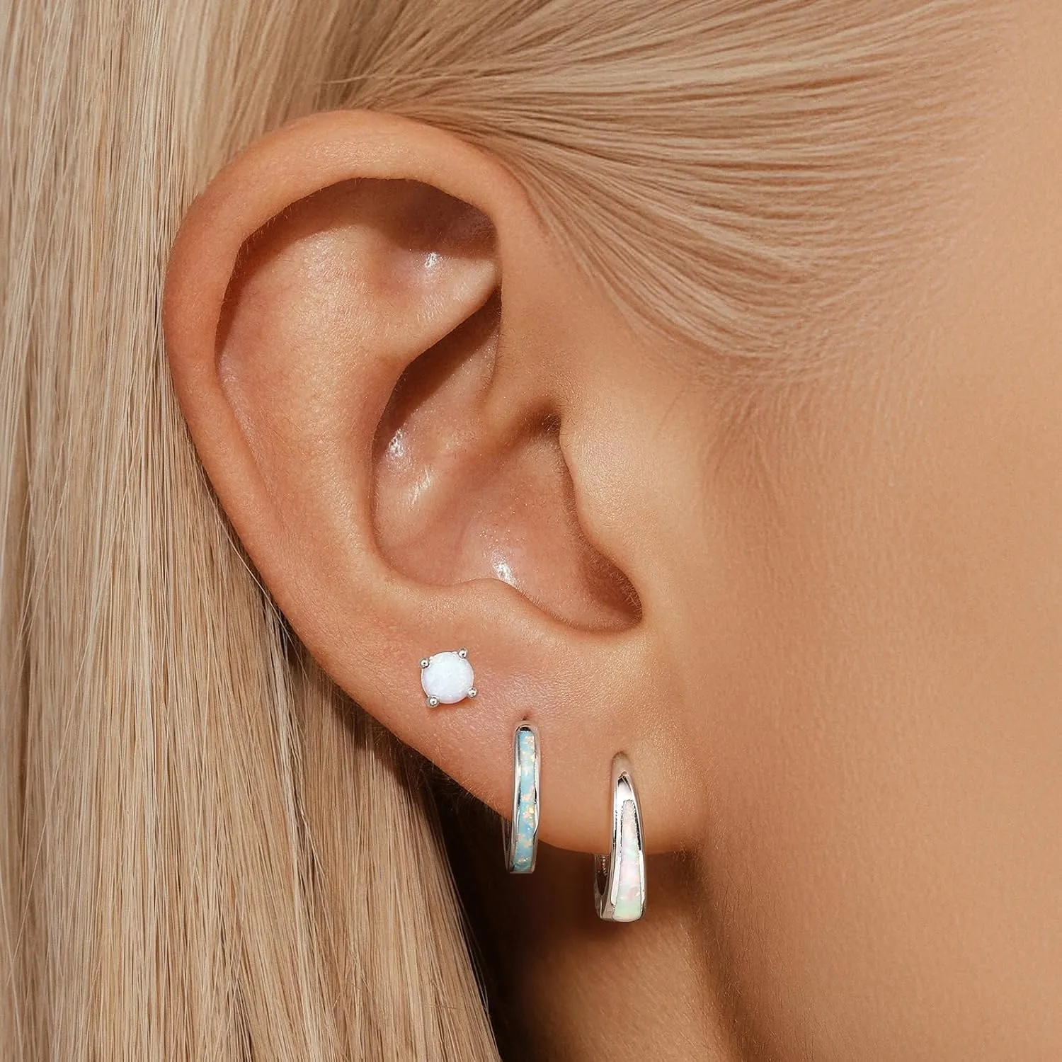 Silver Opal Earrings Set For Women,Sterling Silver Opal Earrings,14k Blue Opals Jewelry Stud Dainty Cartilage Earring,Earring Stack Cartilage Stackable,Birthday Mother's Day Gift For Mom Wife