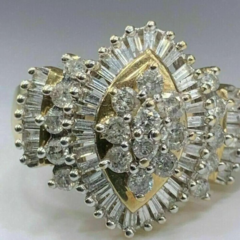 SilverDia 2 Ct Round Diamond Unique Vintage Retro Style Cocktail Cluster Engagement Ring For Women 14K Gold Finish Halo Flower Shape Proposal Jewelry 925 Sterling Silver Handmade Aniversary Ring