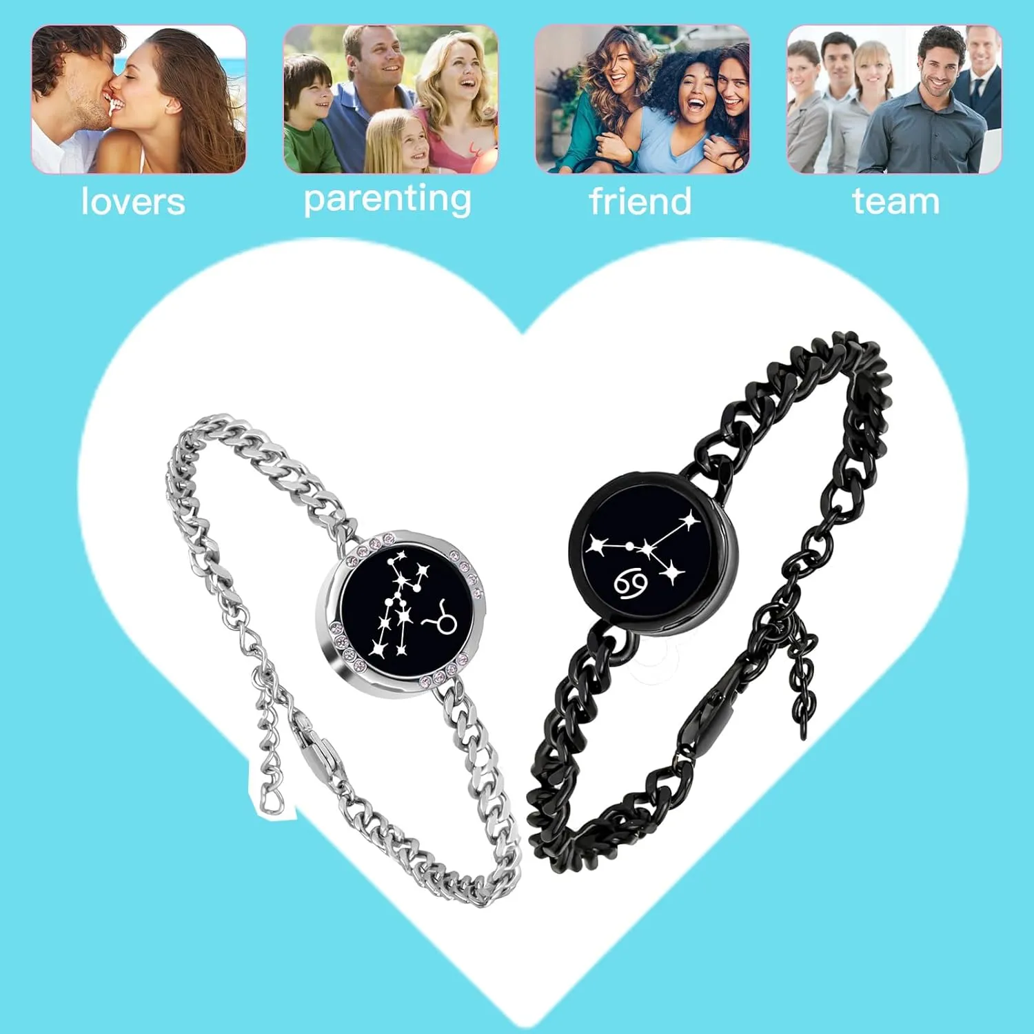 Single Bracelet Long Distance Touch Bracelets Jewelry, Remote Smart Love Bracelet,Send SOS SMS Relationship Bracelets constellations for Couples Lovers Friends Valentine's Day Gifts Black / Silver