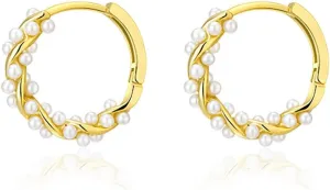 SLUYNZ 925 Sterling Silver Pearls Twist Hoop Earrings for Women Teen Girls Pearls Hoop Earrings Wedding Bridal Earrings