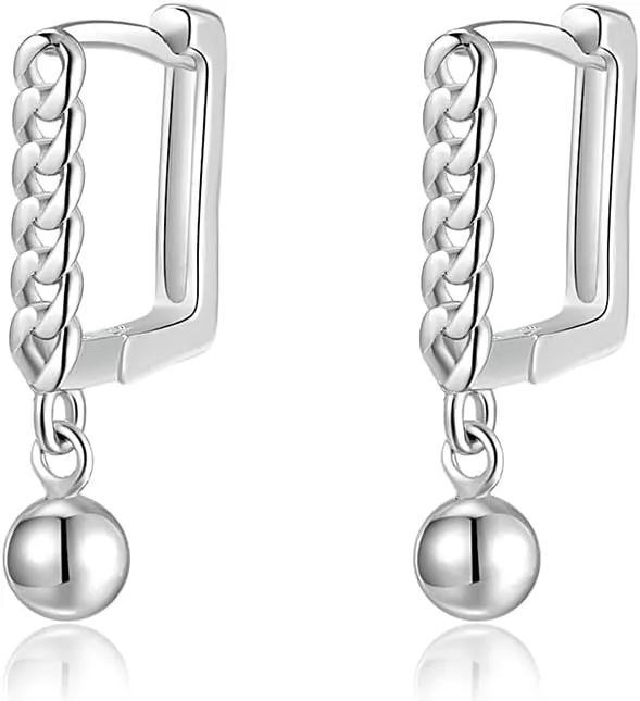 SLUYNZ 925 Sterling Silver U Hoop Earrings for Women Square Hoop Earrings Minimalist Chain Earrings Small Ball Dangly Hoop Earrings