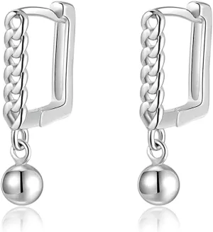 SLUYNZ 925 Sterling Silver U Hoop Earrings for Women Square Hoop Earrings Minimalist Chain Earrings Small Ball Dangly Hoop Earrings