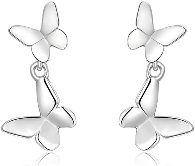 SLUYNZ Solid 925 Sterling Silver Tiny Butterfly Studs Earrings for Women Teens Double Butterfly Studs Earrings