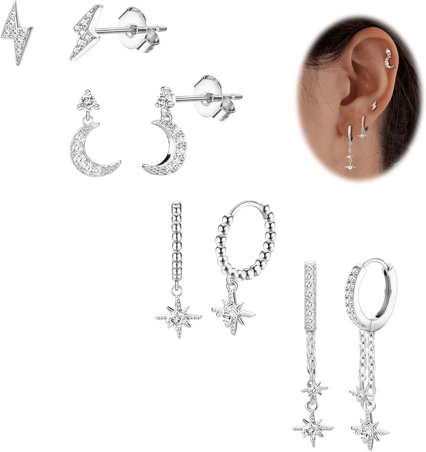 Small Gold Dangle Earrings for Women - Hypoallergenic 14K Gold Plated Huggie Hoop Earring Studs Stack Set Dainty Drop CZ Pearl Surgical Stainless Steel Jewelry with Charm