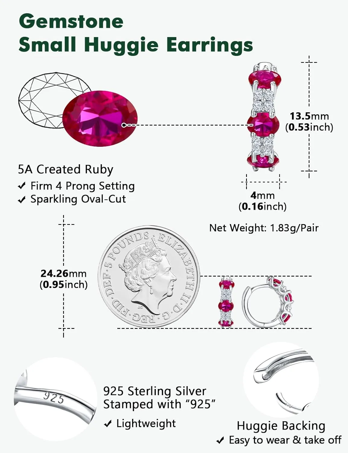 Small Hoop Earrings for Women Hypoallergenic 925 Sterling Silver 13.5mm Thick Huggie Earrings Hoops Created Gemstone Diamond Birthstone Wedding Earrings