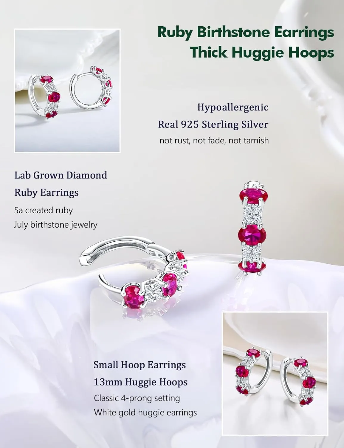 Small Hoop Earrings for Women Hypoallergenic 925 Sterling Silver 13.5mm Thick Huggie Earrings Hoops Created Gemstone Diamond Birthstone Wedding Earrings