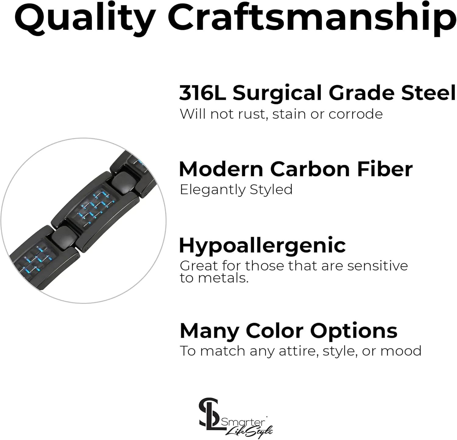 Smarter LifeStyle Elegant Surgical Grade Steel Carbon Fiber Mens Bracelet  Adjustable Many Color Options, Mens Jewelry Bracelet for Men