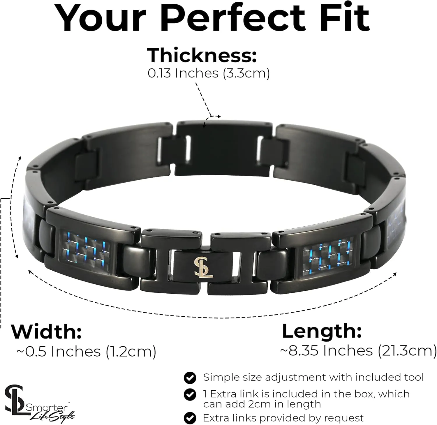Smarter LifeStyle Elegant Surgical Grade Steel Carbon Fiber Mens Bracelet  Adjustable Many Color Options, Mens Jewelry Bracelet for Men