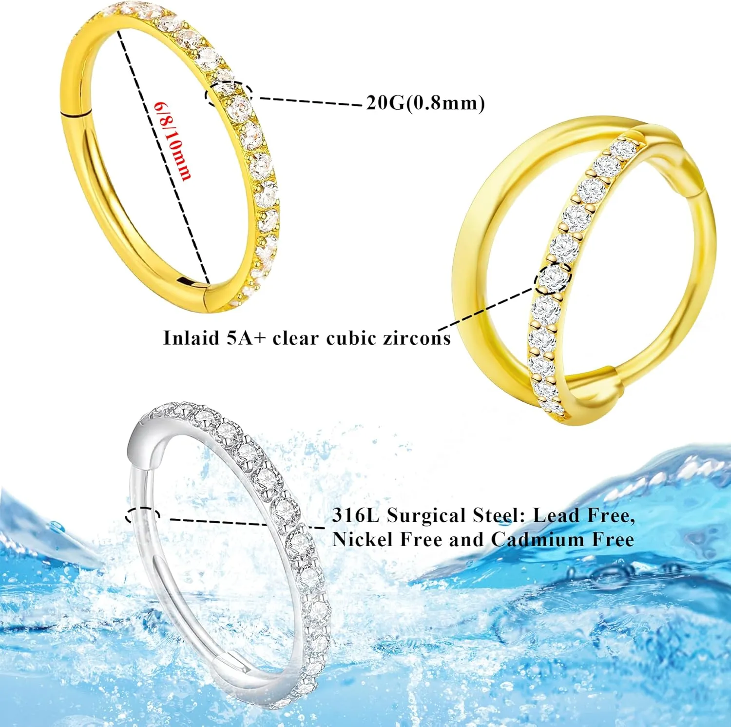 SmileBelle 14K Gold Hinged Nose Rings Hoop for Women 20G, 316L Surgical Steel Clicker Septum Ring, Hoop Huggie Earring for Upper Lobe Cartilage Helix Piercing Jewelry (8mm, 6mm,10mm)
