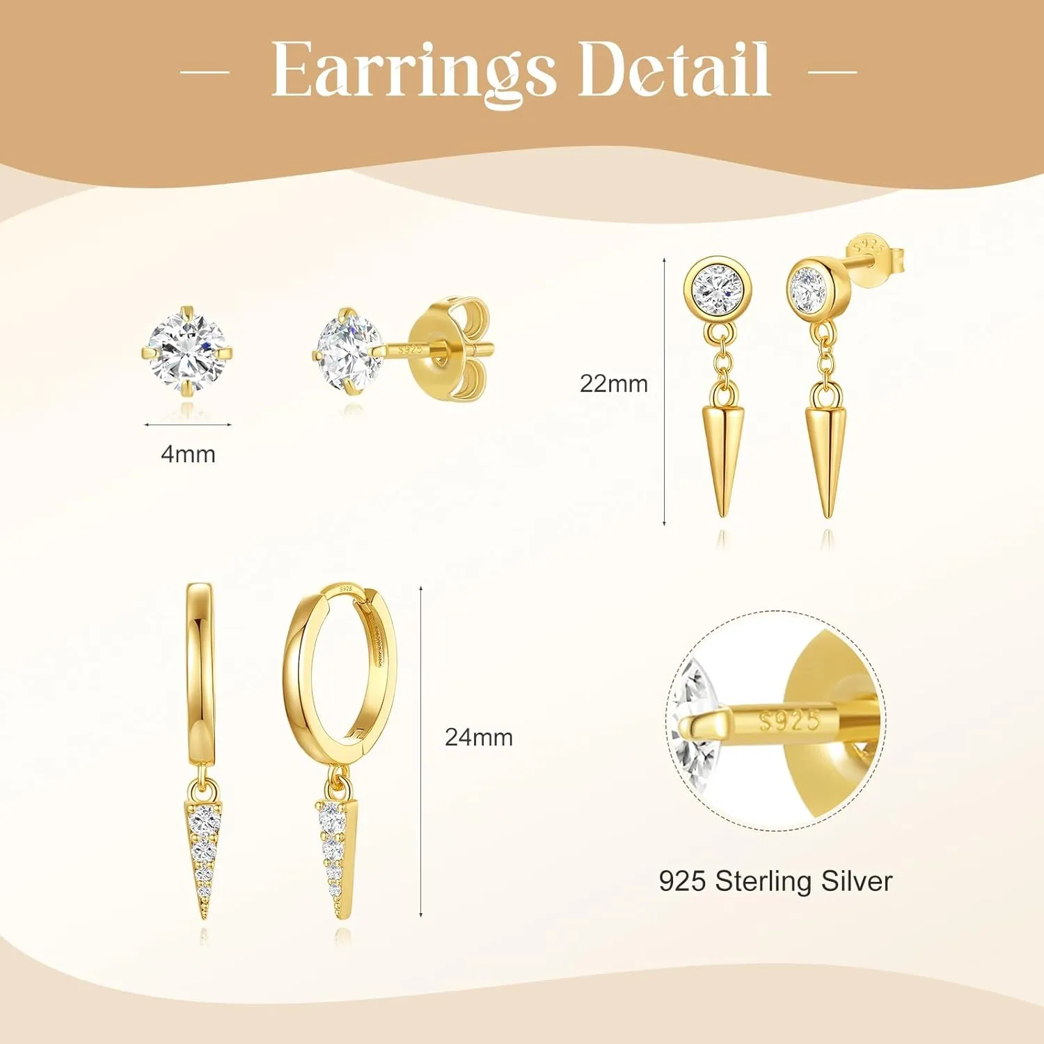 SNZM S925 Earrings Set for Women, S925 Sterling Silver Dainty Huggie Hoop Earrings, 3 Pairs Hypoallergenic Earrings Trendy Small Gold Earring Stacks Multiple Piercing,Start Earrings Set