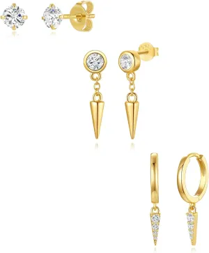 SNZM S925 Earrings Set for Women, S925 Sterling Silver Dainty Huggie Hoop Earrings, 3 Pairs Hypoallergenic Earrings Trendy Small Gold Earring Stacks Multiple Piercing,Start Earrings Set