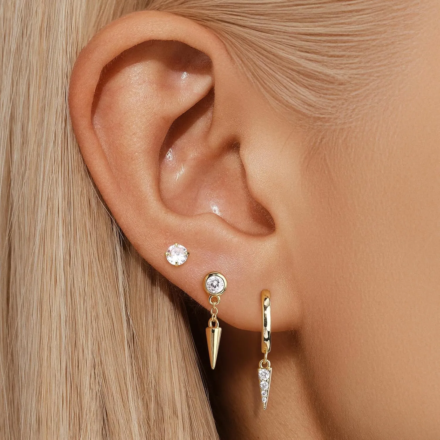 SNZM S925 Earrings Set for Women, S925 Sterling Silver Dainty Huggie Hoop Earrings, 3 Pairs Hypoallergenic Earrings Trendy Small Gold Earring Stacks Multiple Piercing,Start Earrings Set