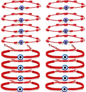 SONNYX 16 Set Evil Eye String Kabbalah Bracelets 7 Knots Bracelets Adjustable Hand-Woven Red Rope Cord Thread Braided Bracelet Protection Lucky Amulet Bracelet for Women Men