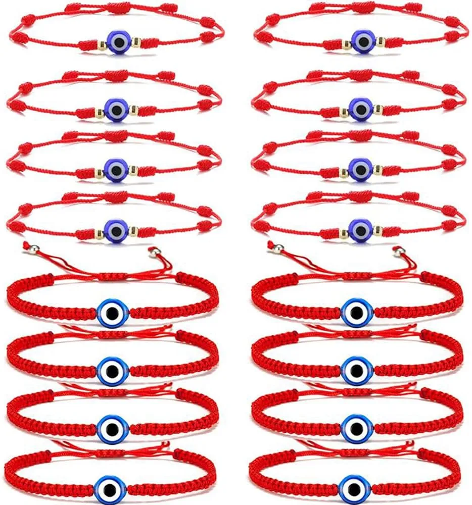 SONNYX 16 Set Evil Eye String Kabbalah Bracelets 7 Knots Bracelets Adjustable Hand-Woven Red Rope Cord Thread Braided Bracelet Protection Lucky Amulet Bracelet for Women Men