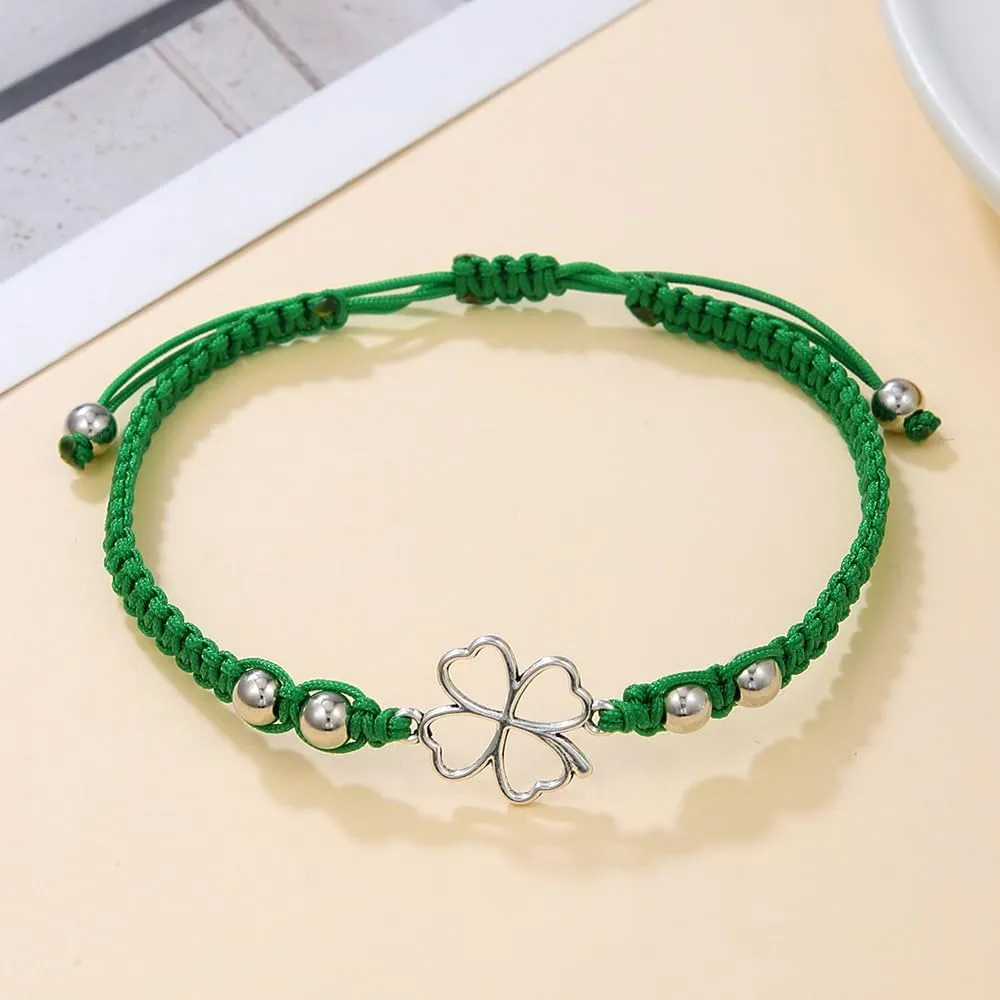St. Patrick Green Shamrock Crystal Bracelet for Men Women Men Adjustable Irish Lucky Leaf String Bracelets With Message Card Holiday Gifts Jewelry