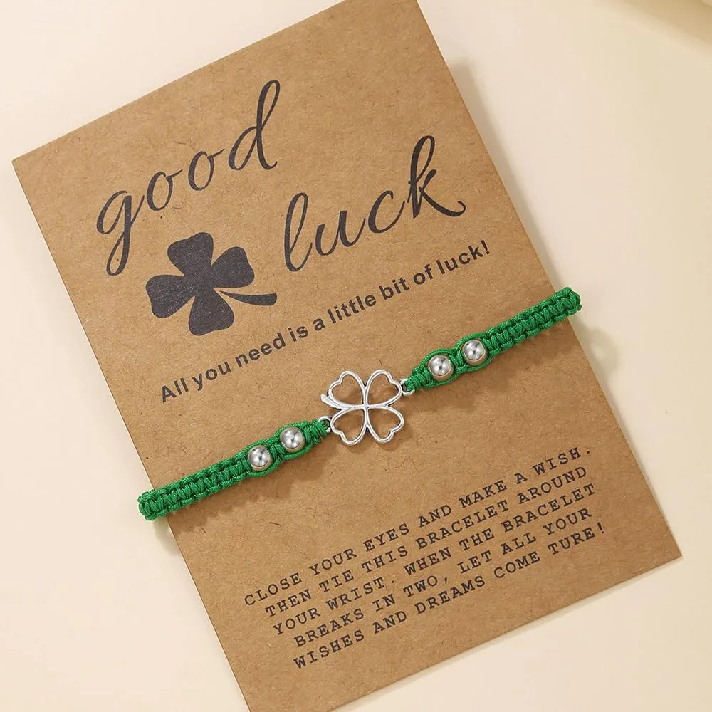 St. Patrick Green Shamrock Crystal Bracelet for Men Women Men Adjustable Irish Lucky Leaf String Bracelets With Message Card Holiday Gifts Jewelry