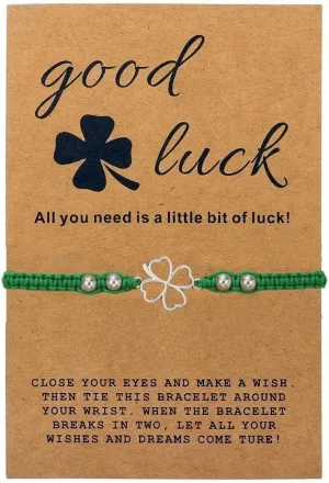 St. Patrick Green Shamrock Crystal Bracelet for Men Women Men Adjustable Irish Lucky Leaf String Bracelets With Message Card Holiday Gifts Jewelry