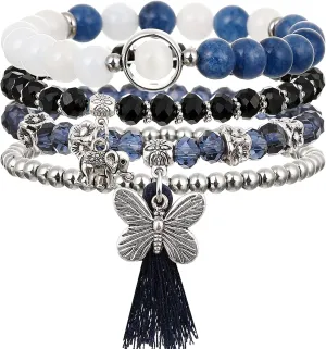 Stackable Bead Bracelets for Women 4 Sets Boho Stretchable Elastic Crystal Multi Layer Tassel Bracelet Set with Cute Butterfly and Elephant Charm Jewelry Sets for Women Gift