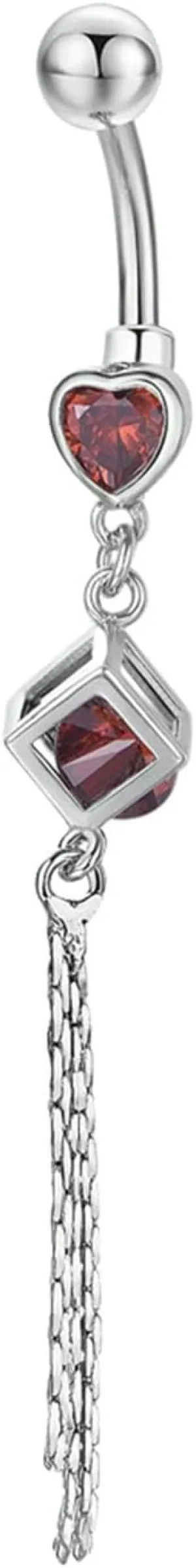 Stainless Steel Navel Ring, CZ Silver Navel Rings for Women Tassel Red Belly Rings