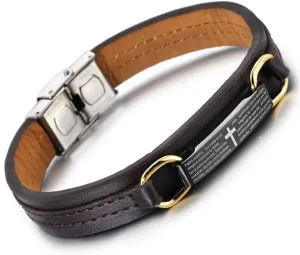Stainless Steel Spanish Lord's Prayer Bible Cross Bracelet Black Leather Bracelet Bangle Christianity Wristband for Men