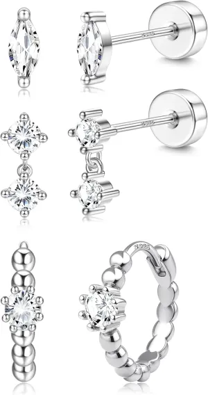 Sterling Silver Flat Back Earrings for Women Trendy Small Hoop Huggie Earrings CZ Cartilage Stud Earrings Set White Gold Plated Tragus Helix Earrings Piercing Jewelrys