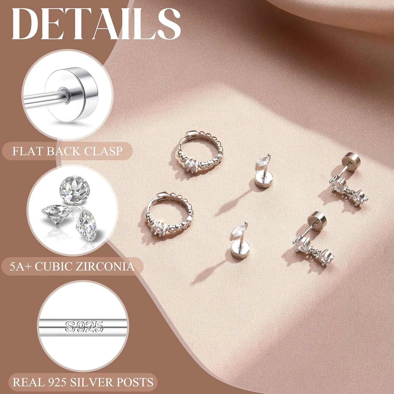 Sterling Silver Flat Back Earrings for Women Trendy Small Hoop Huggie Earrings CZ Cartilage Stud Earrings Set White Gold Plated Tragus Helix Earrings Piercing Jewelrys