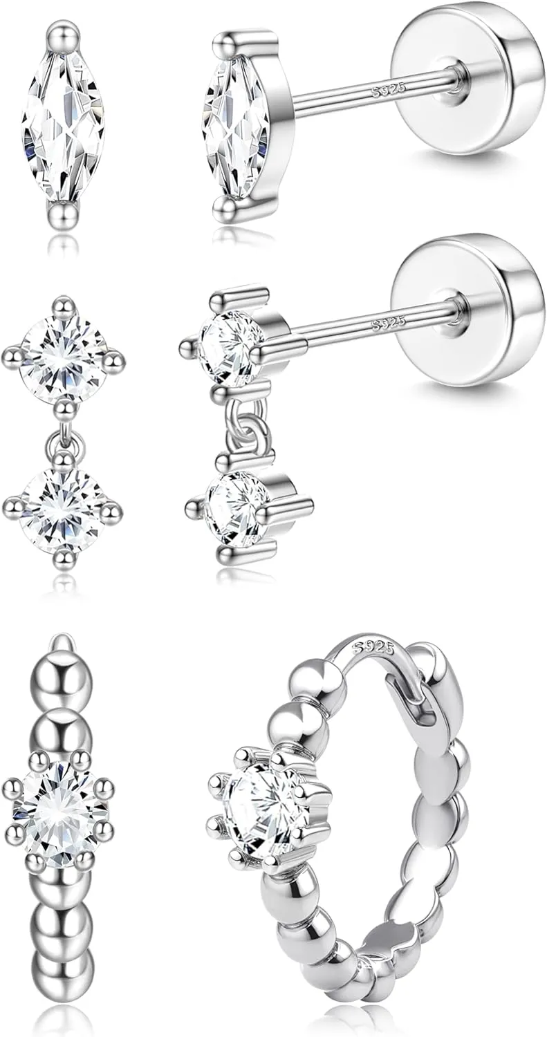 Sterling Silver Flat Back Earrings for Women Trendy Small Hoop Huggie Earrings CZ Cartilage Stud Earrings Set White Gold Plated Tragus Helix Earrings Piercing Jewelrys