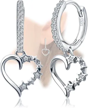 Sterling Silver Heart Earrings for Women Star Hoop Earrings with Dangle Trendy Hypoallergenic Cubic Zirconia Love Heart-Shaped Loop Earrings with Dangling Fashion Gifts