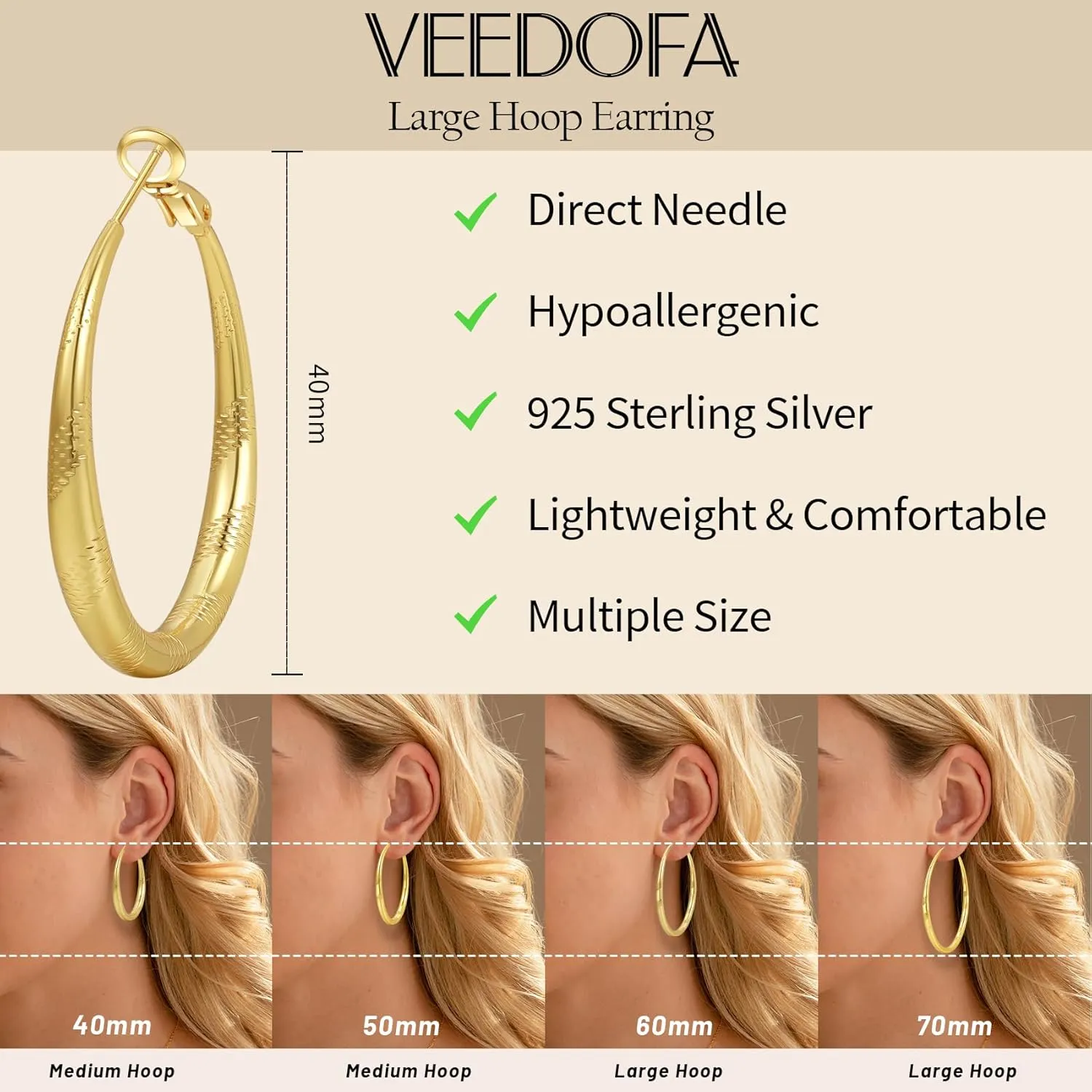 Sterling Silver Hoop Earrings, Hypoallergenic 14K Circle Gold Hoops Earrings for Women, Lightweight Silver Hoops Earrings with Thread Design (40/50/60/70mm)
