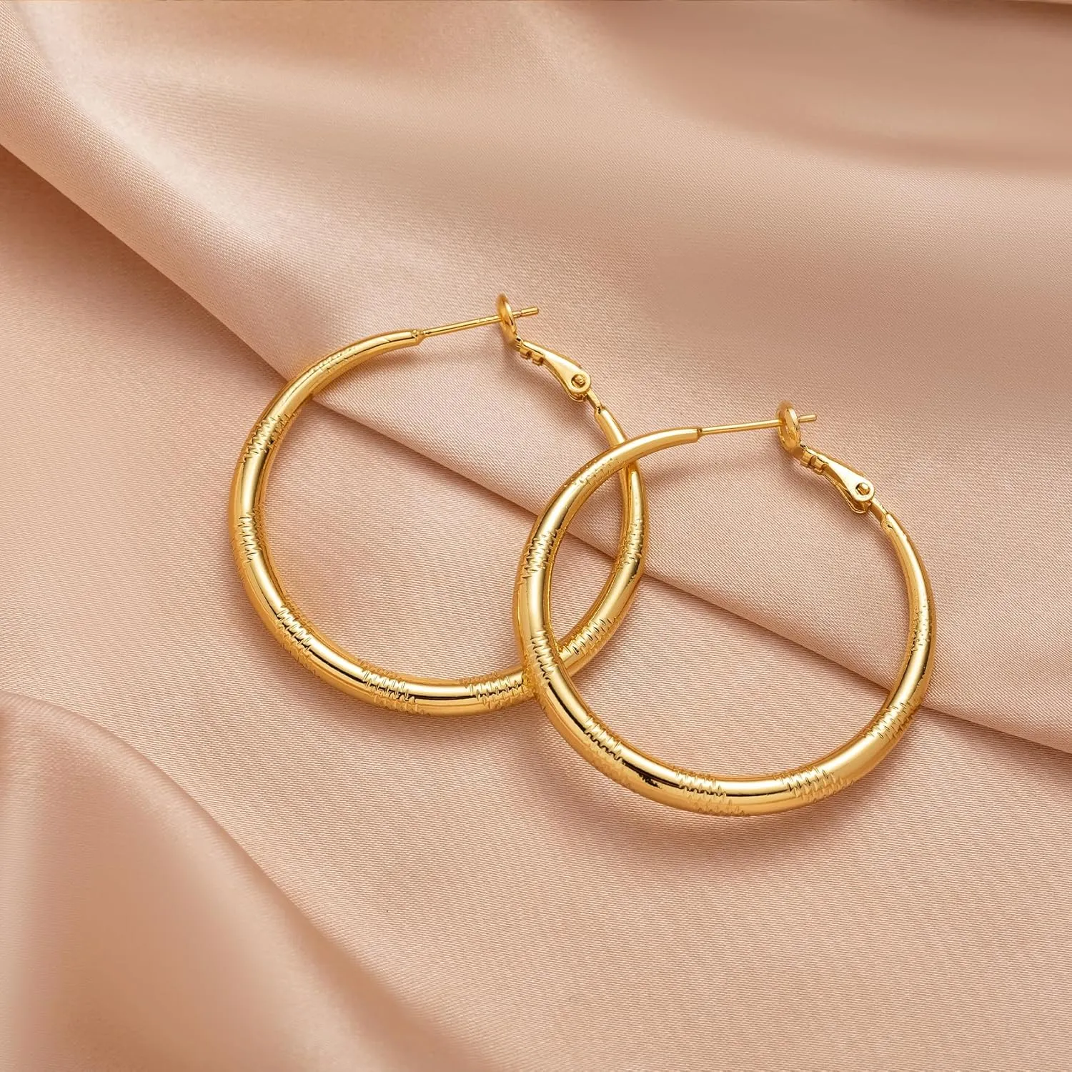 Sterling Silver Hoop Earrings, Hypoallergenic 14K Circle Gold Hoops Earrings for Women, Lightweight Silver Hoops Earrings with Thread Design (40/50/60/70mm)