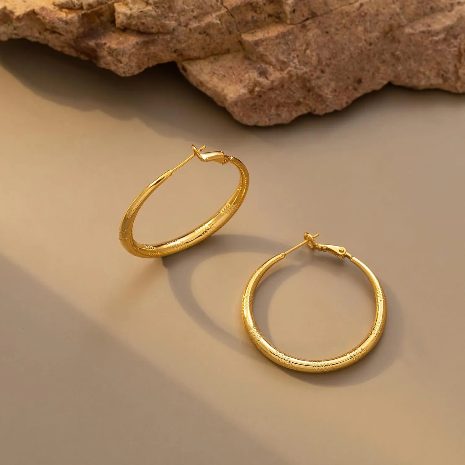 Sterling Silver Hoop Earrings, Hypoallergenic 14K Circle Gold Hoops Earrings for Women, Lightweight Silver Hoops Earrings with Thread Design (40/50/60/70mm)