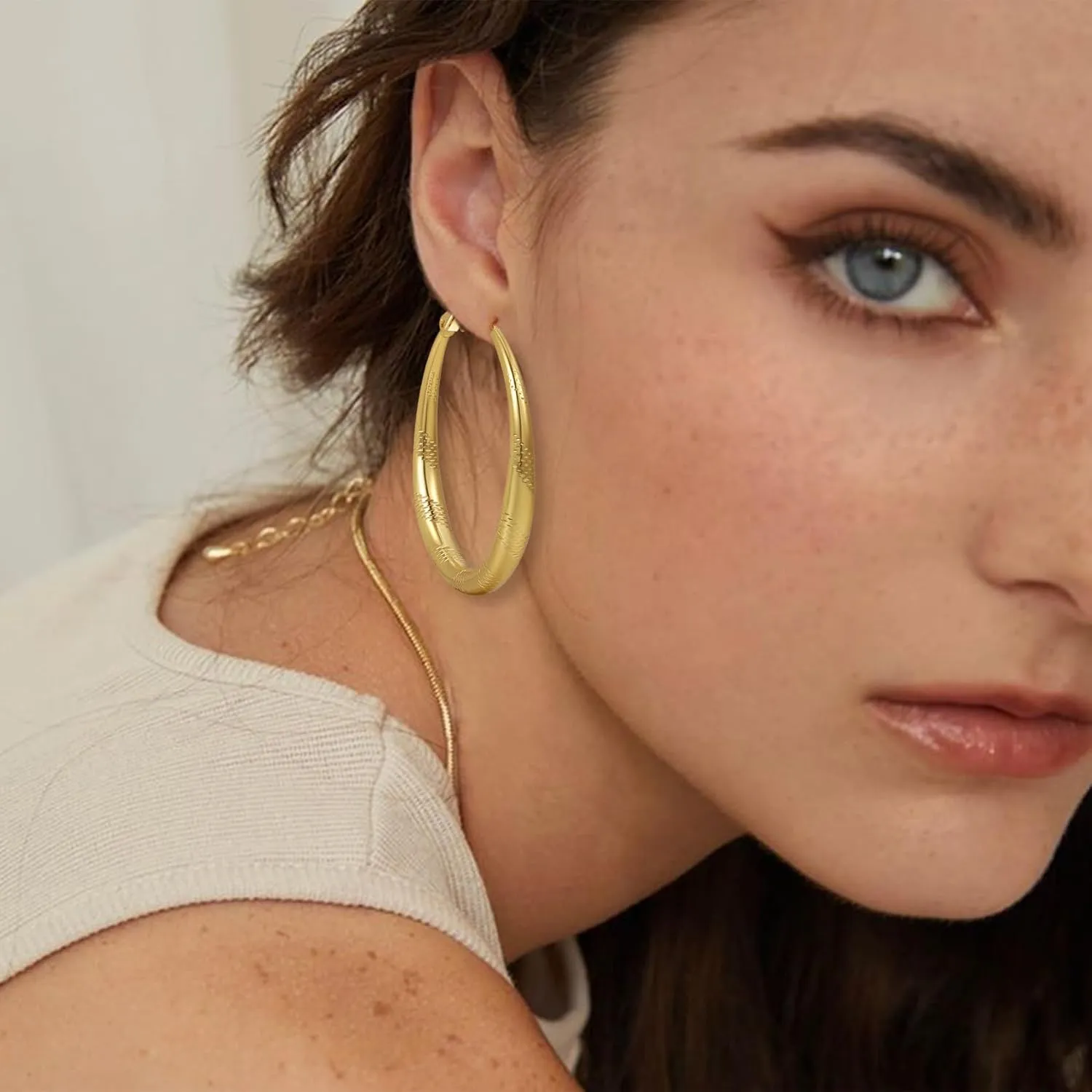 Sterling Silver Hoop Earrings, Hypoallergenic 14K Circle Gold Hoops Earrings for Women, Lightweight Silver Hoops Earrings with Thread Design (40/50/60/70mm)