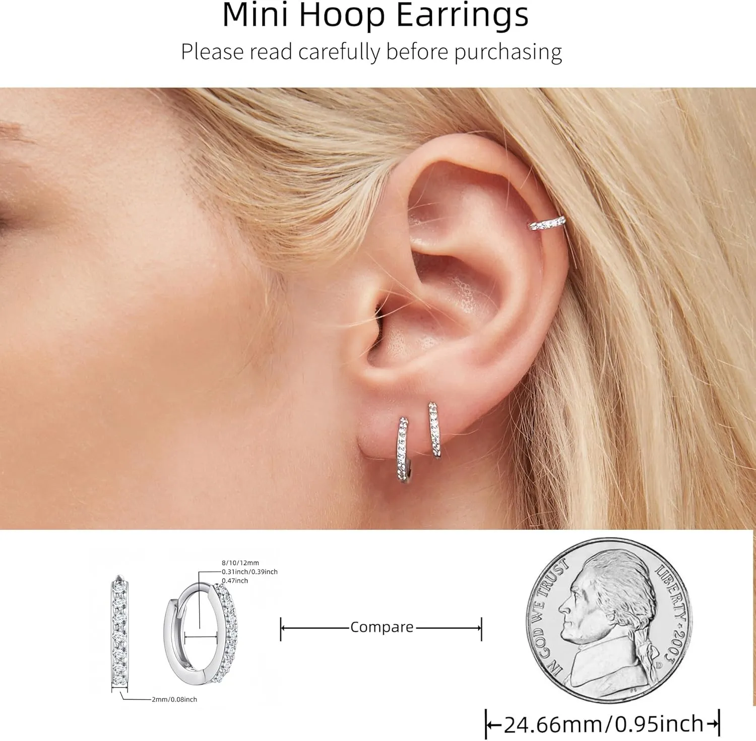 Sterling Silver Hoop Earrings, Hypoallergenic Small Huggie Hoop Earrings, 925 Sterling Silver, Lightweight Small Cartilage Earrings, Cuff Everyday Earrings