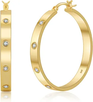 Sterling Silver Hoops Earrings for Women,5MM Wide Hypoallergenic Thick Silver Hoop Earrings with Cubic Zirconia, 925 Silver Plated Hoop Earrings non Tarnish for Sensitive Ears 30/40/50mm