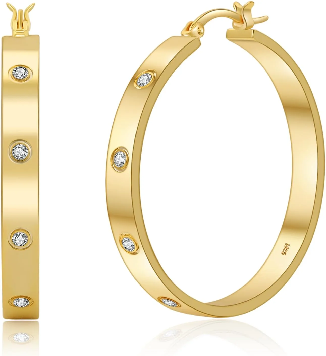 Sterling Silver Hoops Earrings for Women,5MM Wide Hypoallergenic Thick Silver Hoop Earrings with Cubic Zirconia, 925 Silver Plated Hoop Earrings non Tarnish for Sensitive Ears 30/40/50mm