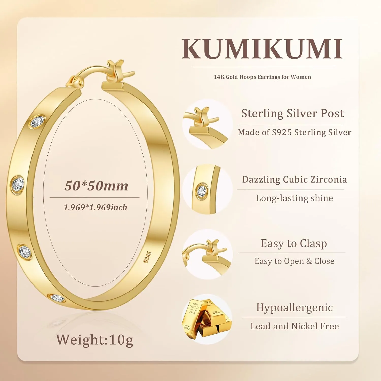 Sterling Silver Hoops Earrings for Women,5MM Wide Hypoallergenic Thick Silver Hoop Earrings with Cubic Zirconia, 925 Silver Plated Hoop Earrings non Tarnish for Sensitive Ears 30/40/50mm