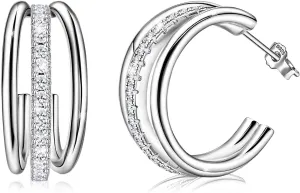 Sterling Silver Open Hoop Earrings for Women - Hypoallergenic Cubic Zirconia Chunky Loop Earrings for Sensitive Ears - Triple Hoop Fashion Jewelry - Birthday Christmas Gifts