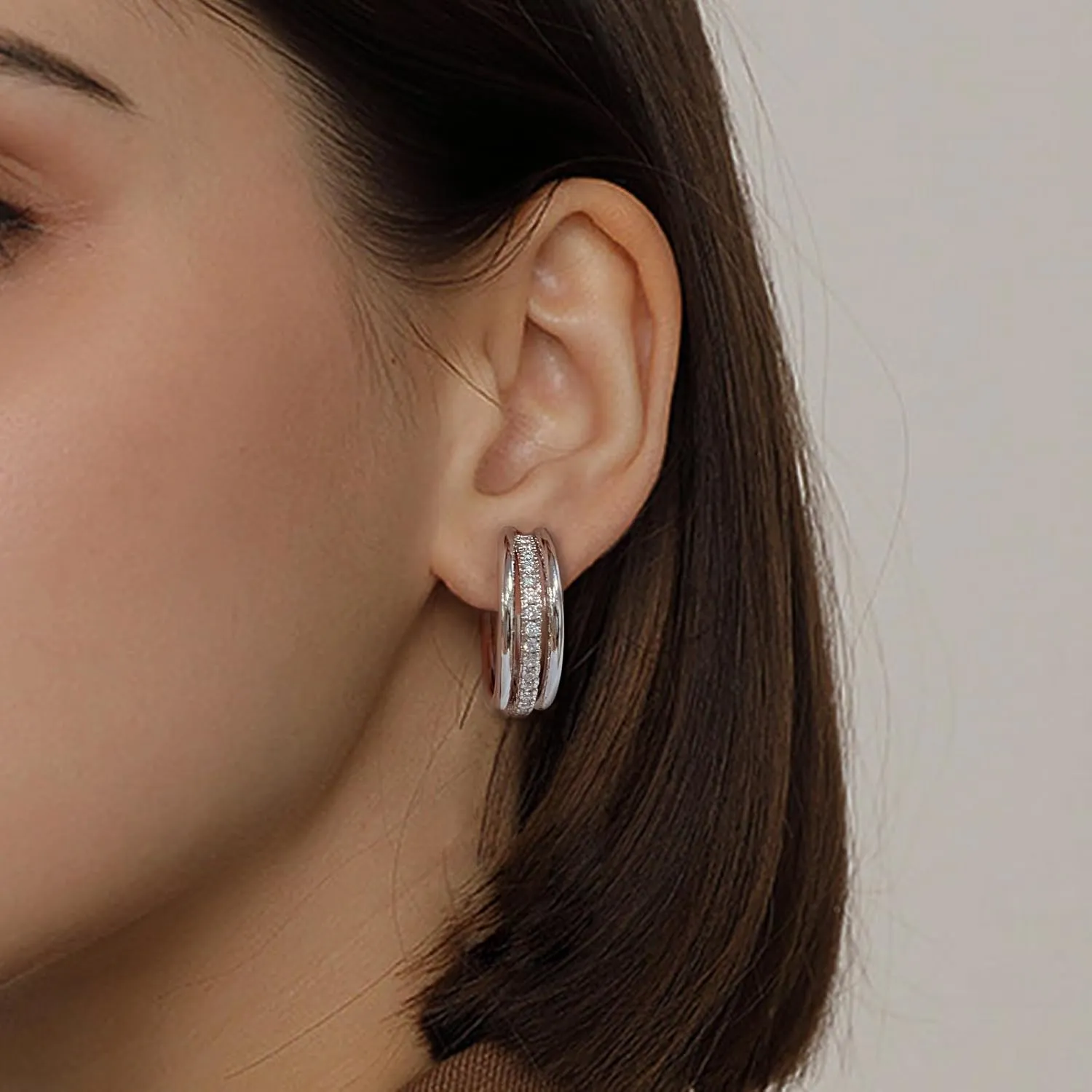 Sterling Silver Open Hoop Earrings for Women - Hypoallergenic Cubic Zirconia Chunky Loop Earrings for Sensitive Ears - Triple Hoop Fashion Jewelry - Birthday Christmas Gifts