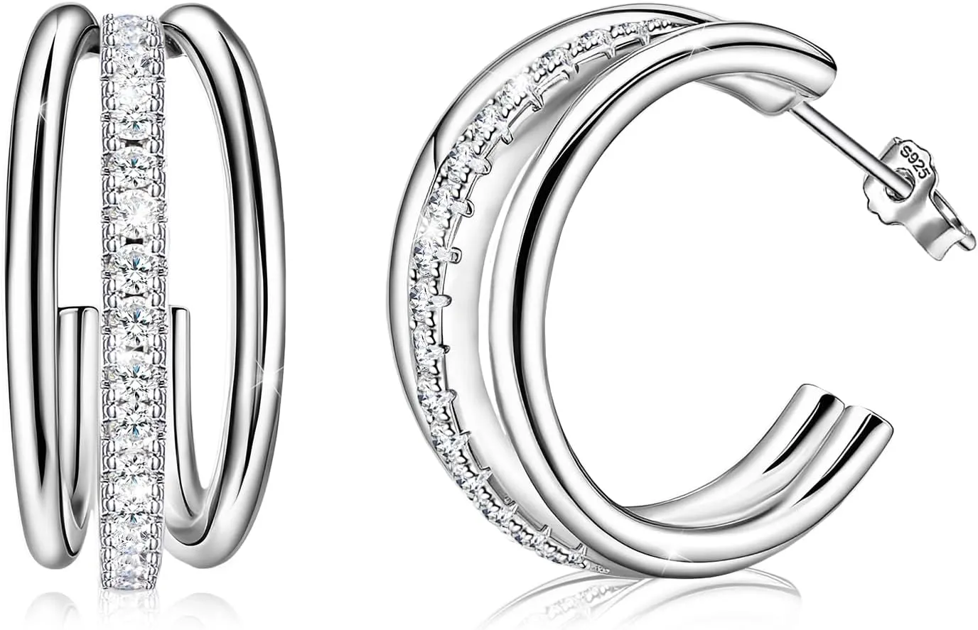 Sterling Silver Open Hoop Earrings for Women - Hypoallergenic Cubic Zirconia Chunky Loop Earrings for Sensitive Ears - Triple Hoop Fashion Jewelry - Birthday Christmas Gifts