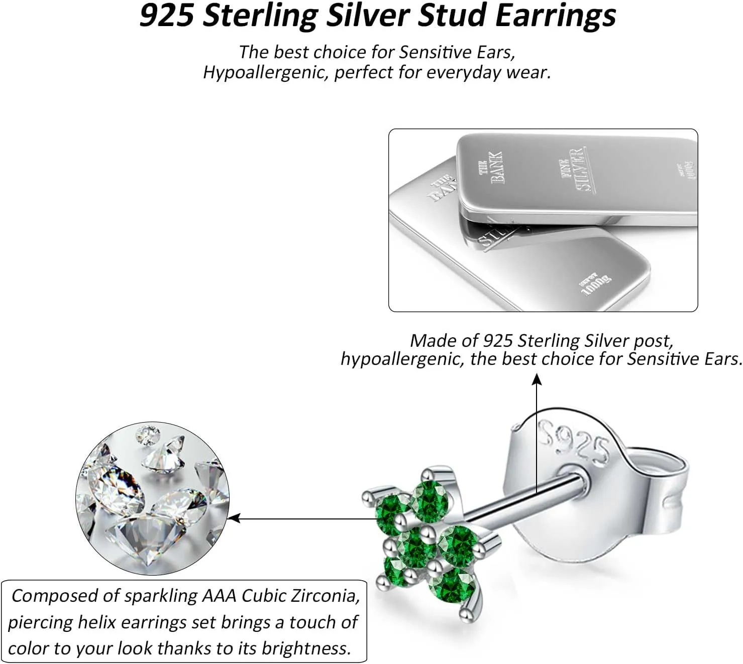 Sterling Silver Stud Earrings for Women, Tiny Flower Earrings Set, Small Cubic Zirconia Helix Earrings Dainty Tragus Cartilage Studs Cherry Blossom Ear Piercing Jewelry Gifts for Teens