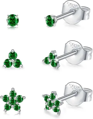 Sterling Silver Stud Earrings for Women, Tiny Flower Earrings Set, Small Cubic Zirconia Helix Earrings Dainty Tragus Cartilage Studs Cherry Blossom Ear Piercing Jewelry Gifts for Teens