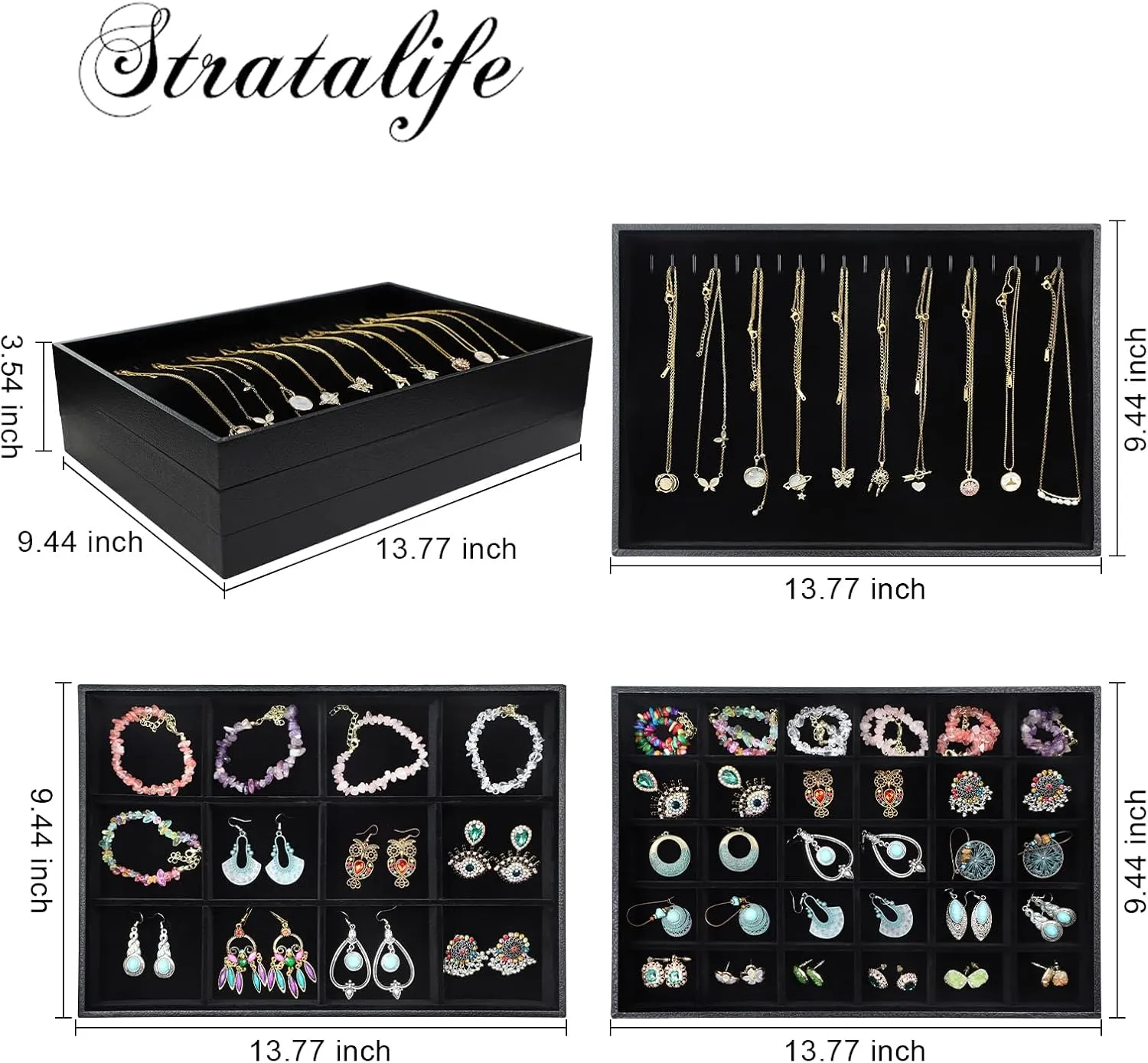 Stratalife Jewelry Trays Jewelry Organizer Earring Storage Drawer Jewelry Organizer Tray Drawer Insert Jewelry Storage with Removable Dividers For Women Set Of 3 Black