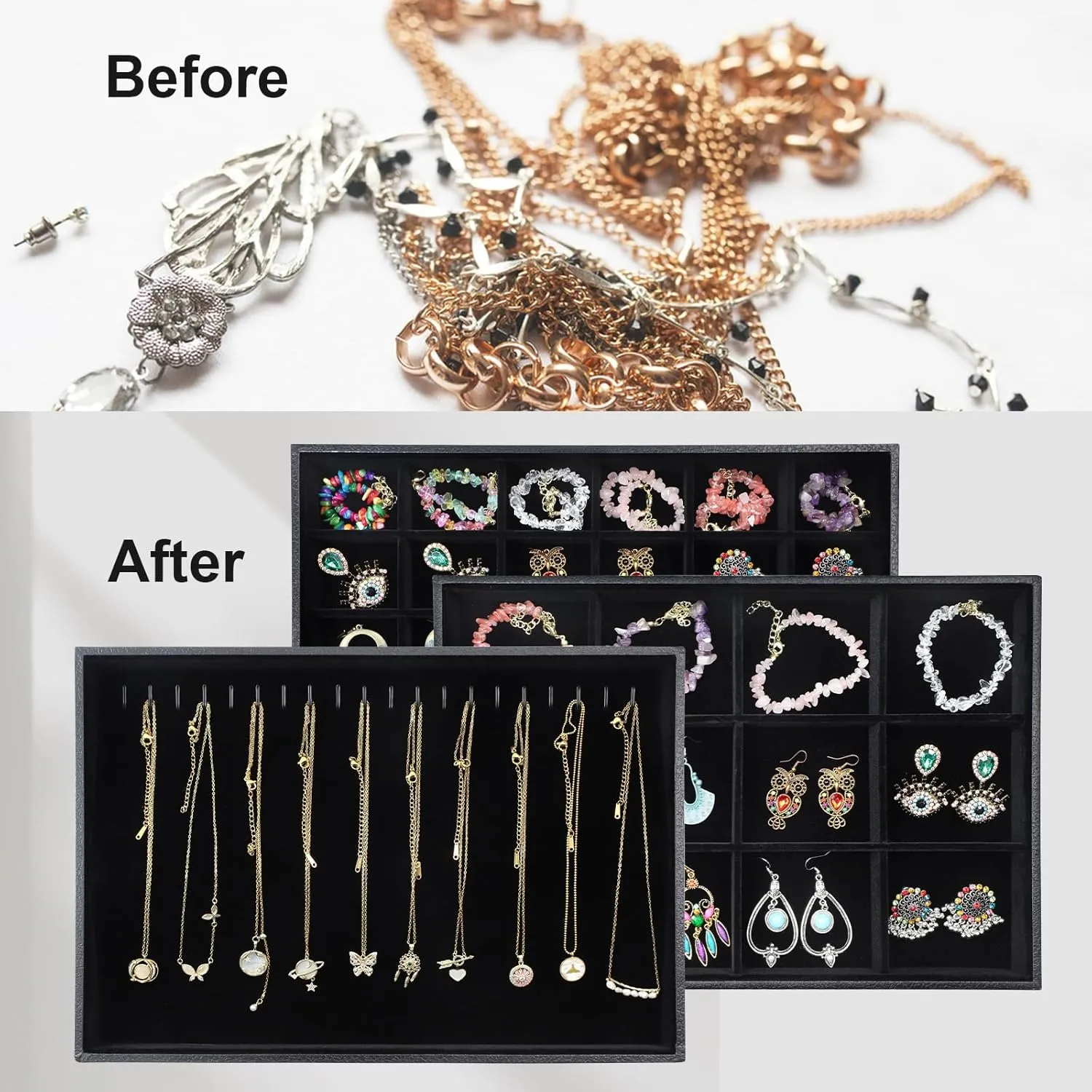 Stratalife Jewelry Trays Jewelry Organizer Earring Storage Drawer Jewelry Organizer Tray Drawer Insert Jewelry Storage with Removable Dividers For Women Set Of 3 Black
