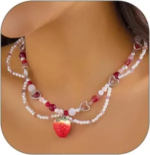 Strawberry Choker Necklace for Women Layered Pearl Beaded Strawberry Pendant Necklace Vintage Fruit Strawberry Heart Chain Neck Jewelry Gifts